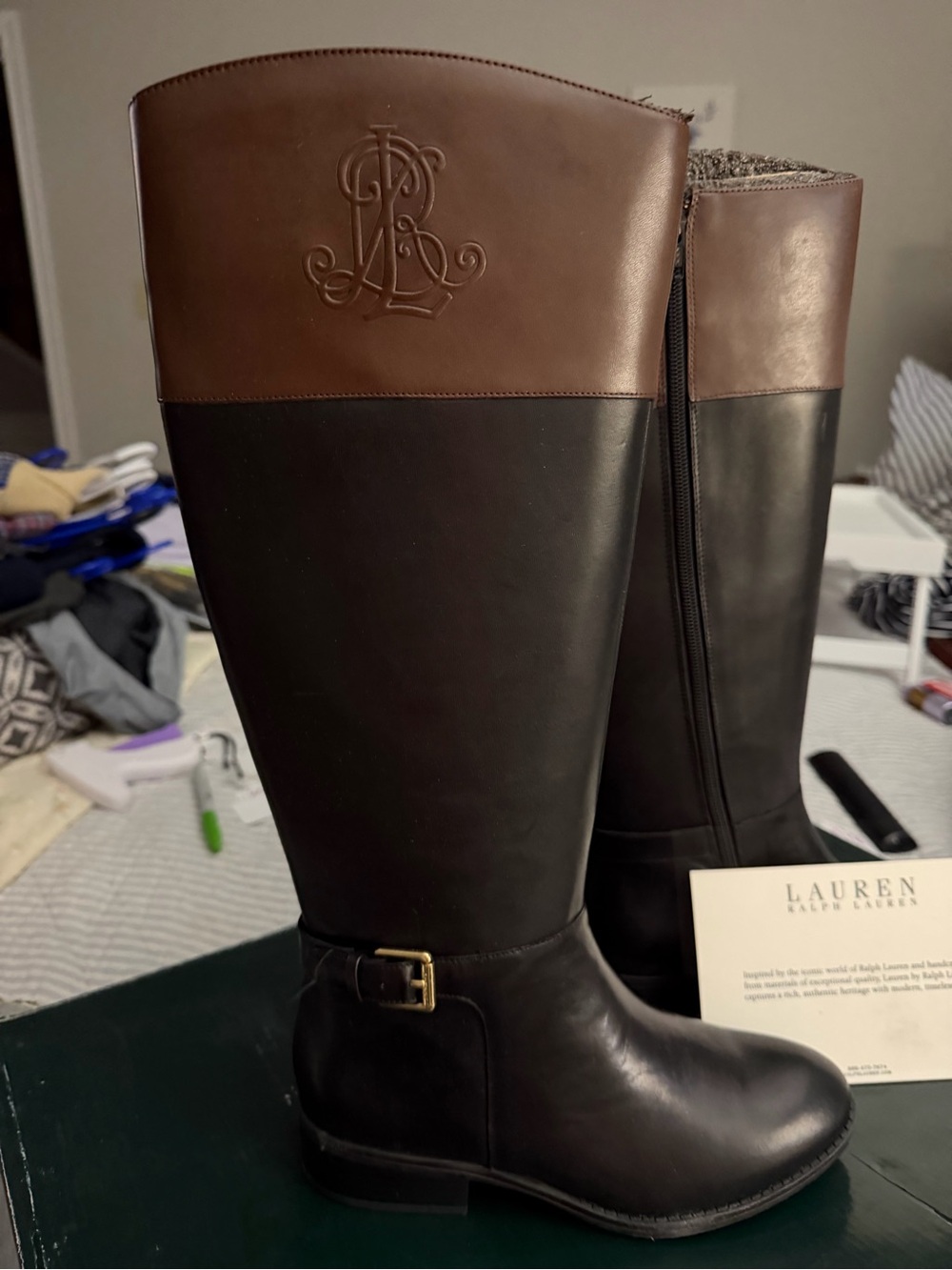 Lauren Ralph Lauren Black Leather Ankle Boots with Brown Accent 5B $95
